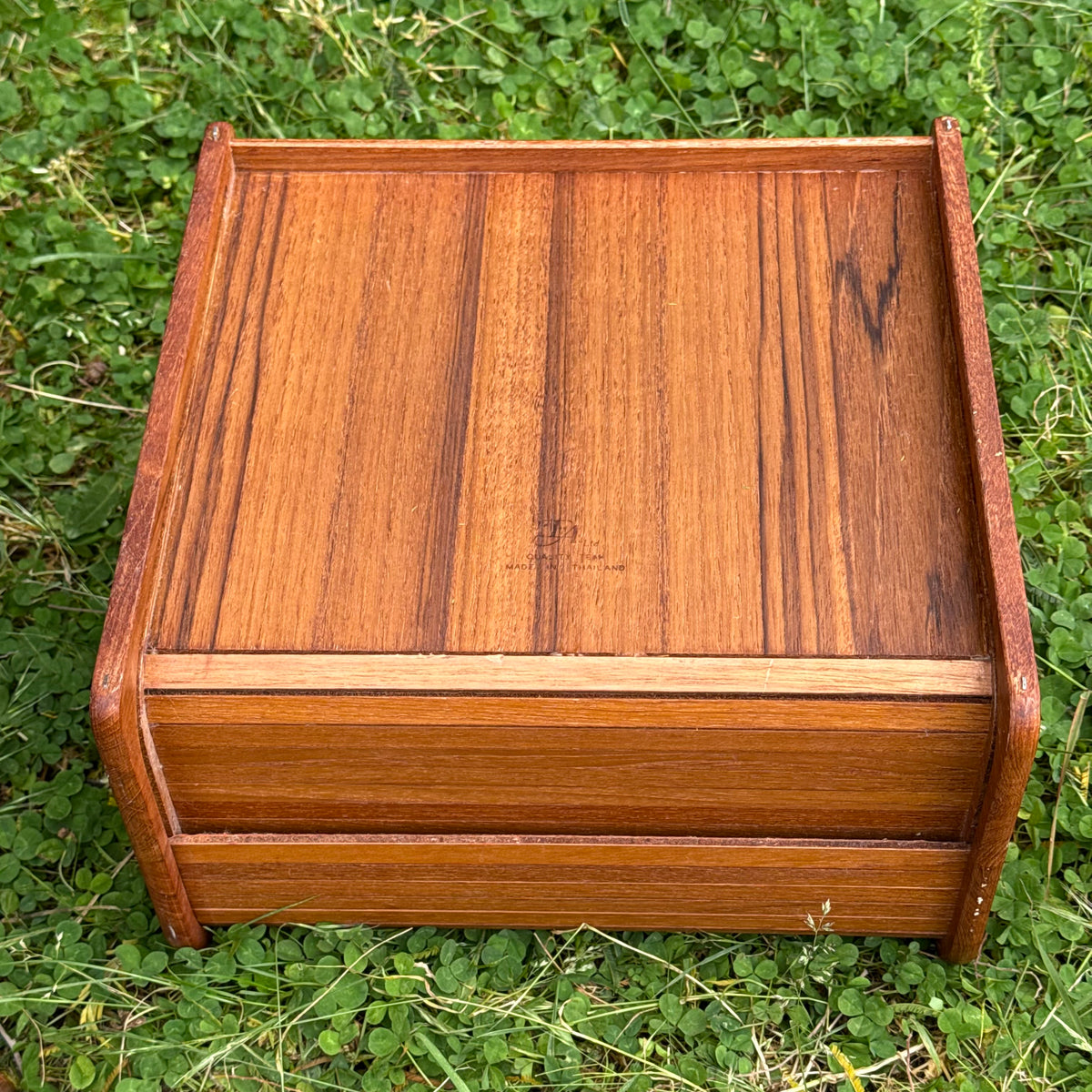 Mid-Century Teak Tambour Slide Top Storage Box/Desk Organizer