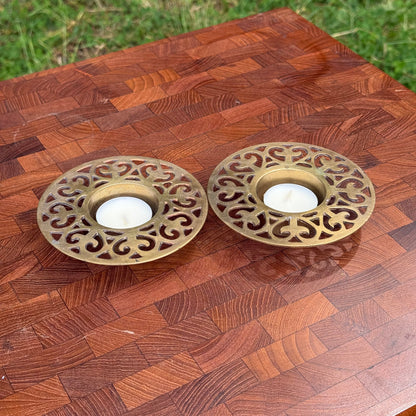 Vintage Ornate Circular Brass Tealight Holders (Pair)
