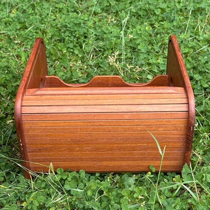 Mid-Century Teak Tambour Slide Top Storage Box/Desk Organizer