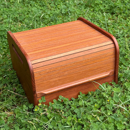 Mid-Century Teak Tambour Slide Top Storage Box/Desk Organizer