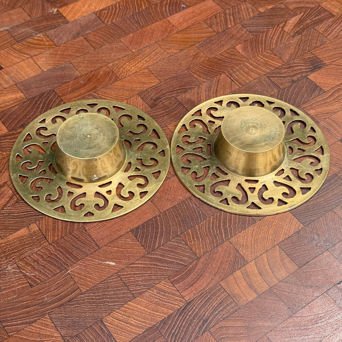 Vintage Ornate Circular Brass Tealight Holders (Pair)