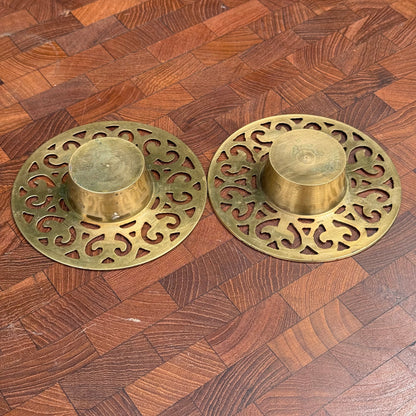 Vintage Ornate Circular Brass Tealight Holders (Pair)