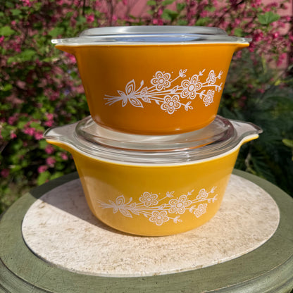 Vintage Pyrex “Butterfly Gold” Casserole Dish Pair