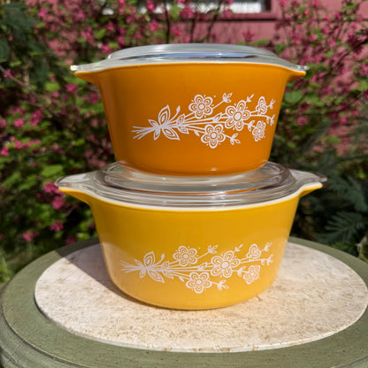 Vintage Pyrex “Butterfly Gold” Casserole Dish Pair