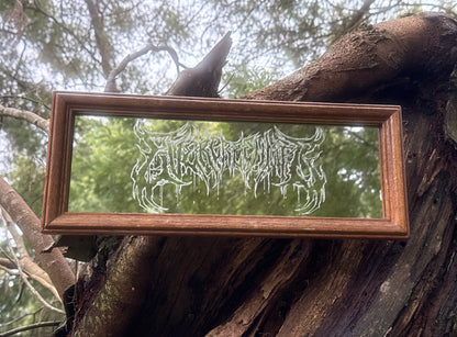Wooden framed etched mirror on tree branch