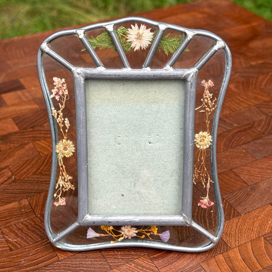 Vintage Pressed Flowers Leaded Glass Picture Frame