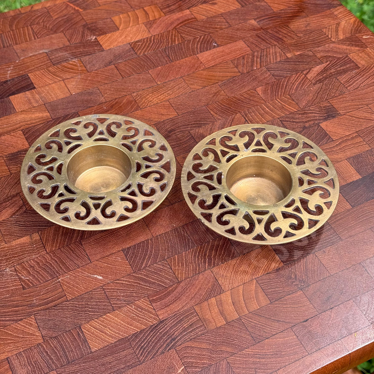 Vintage Ornate Circular Brass Tealight Holders (Pair)