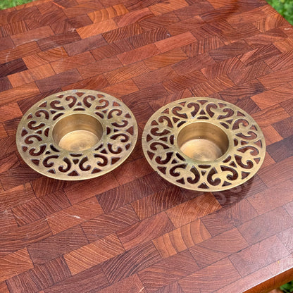 Vintage Ornate Circular Brass Tealight Holders (Pair)